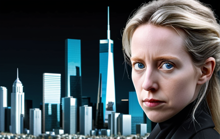 **
A dramatic portrait of Elizabeth Holmes, with a cold and calculating expression. The background is a blurred image of Silicon Valley skyscrapers, symbolizing ambition and greed. Subtle glitches and distortions are woven into the image to represent the fraudulent nature of Theranos. The overall style should be reminiscent of a dark, cautionary tale.
**