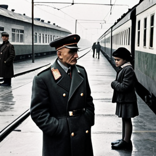 Home 6 **
A bleak, overcast scene on a Rostov Oblast train platform, 1980s USSR. Andrei Chikatilo, appearing harmless and unassuming, engages a young woman in conversation. The background is filled with drab, Soviet-era architecture and indistinct figures waiting for trains. The overall mood is ominous and unsettling, hinting at the danger lurking beneath the surface. Emphasize the contrast between Chikatilo's ordinary appearance and the potential for violence.
**