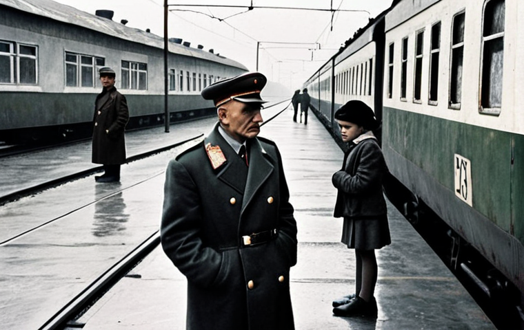 **
A bleak, overcast scene on a Rostov Oblast train platform, 1980s USSR. Andrei Chikatilo, appearing harmless and unassuming, engages a young woman in conversation. The background is filled with drab, Soviet-era architecture and indistinct figures waiting for trains. The overall mood is ominous and unsettling, hinting at the danger lurking beneath the surface. Emphasize the contrast between Chikatilo's ordinary appearance and the potential for violence.
**