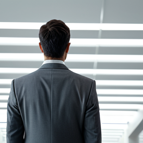 Home 22 A solitary adult figure, gender-neutral, stands thoughtfully in a minimalist, abstract architectural space. The figure wears a modest and professional gray business suit, fully clothed, appropriate attire. Soft, diffused light filters from above, illuminating clean lines and subtle, blurred elements in the background, suggesting complex internal thoughts. The pose is natural, with perfect anatomy, correct proportions, well-formed hands, and proper finger count. The overall mood is contemplative and reflective, safe for work, appropriate content, professional, family-friendly.