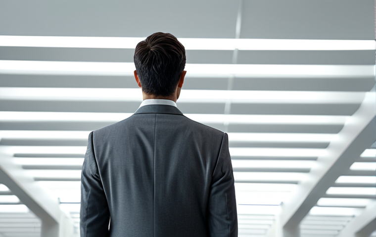 A solitary adult figure, gender-neutral, stands thoughtfully in a minimalist, abstract architectural space. The figure wears a modest and professional gray business suit, fully clothed, appropriate attire. Soft, diffused light filters from above, illuminating clean lines and subtle, blurred elements in the background, suggesting complex internal thoughts. The pose is natural, with perfect anatomy, correct proportions, well-formed hands, and proper finger count. The overall mood is contemplative and reflective, safe for work, appropriate content, professional, family-friendly.