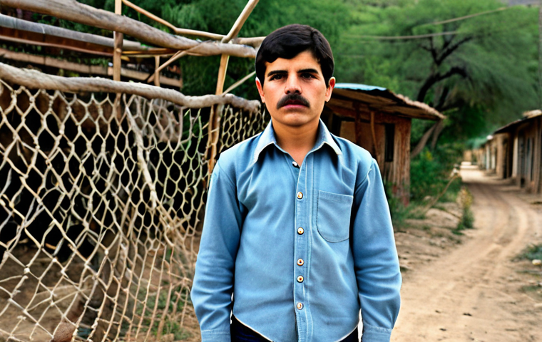 **Subject:** Joaquin "El Chapo" Guzman as a teenager in Sinaloa.
    **Clothing:** Simple, modest clothing appropriate for a rural Mexican youth.
    **Environment:** Dusty, impoverished rural setting in Sinaloa, Mexico.
    **Details:** Early signs of ambition and determination in his eyes.
    **Quality Modifiers:** High resolution, realistic, perfect anatomy, correct proportions, natural pose, safe for work, appropriate content, fully clothed, modest, family-friendly.